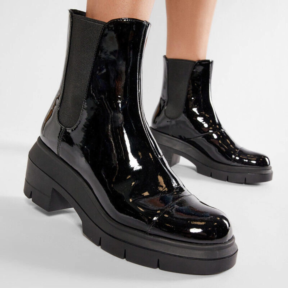 Stuart Weitzman Norah Black Patent Platform Chelsea Boots